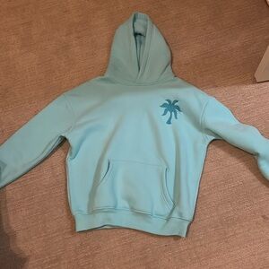 Blue Pink Palm Puff Hibiscus Hoodie, straight out of the box.